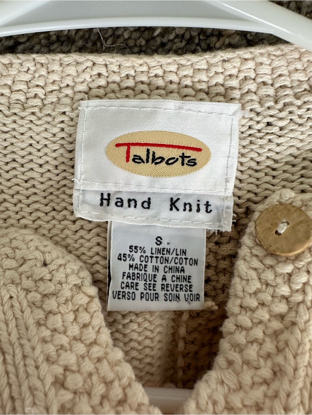 Vintage Talbots Hand Knit Cardigan Sweater Coffee Tea Mug Beige Tan Size Small - Picture 4 of 7